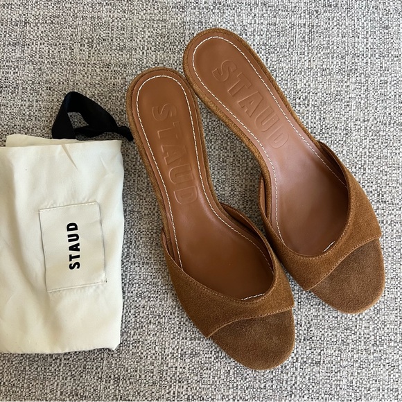 STAUD Shoes - Staud Brigitte Mule Heels Tan Suede Size 40 Open Toe Kitten Heel